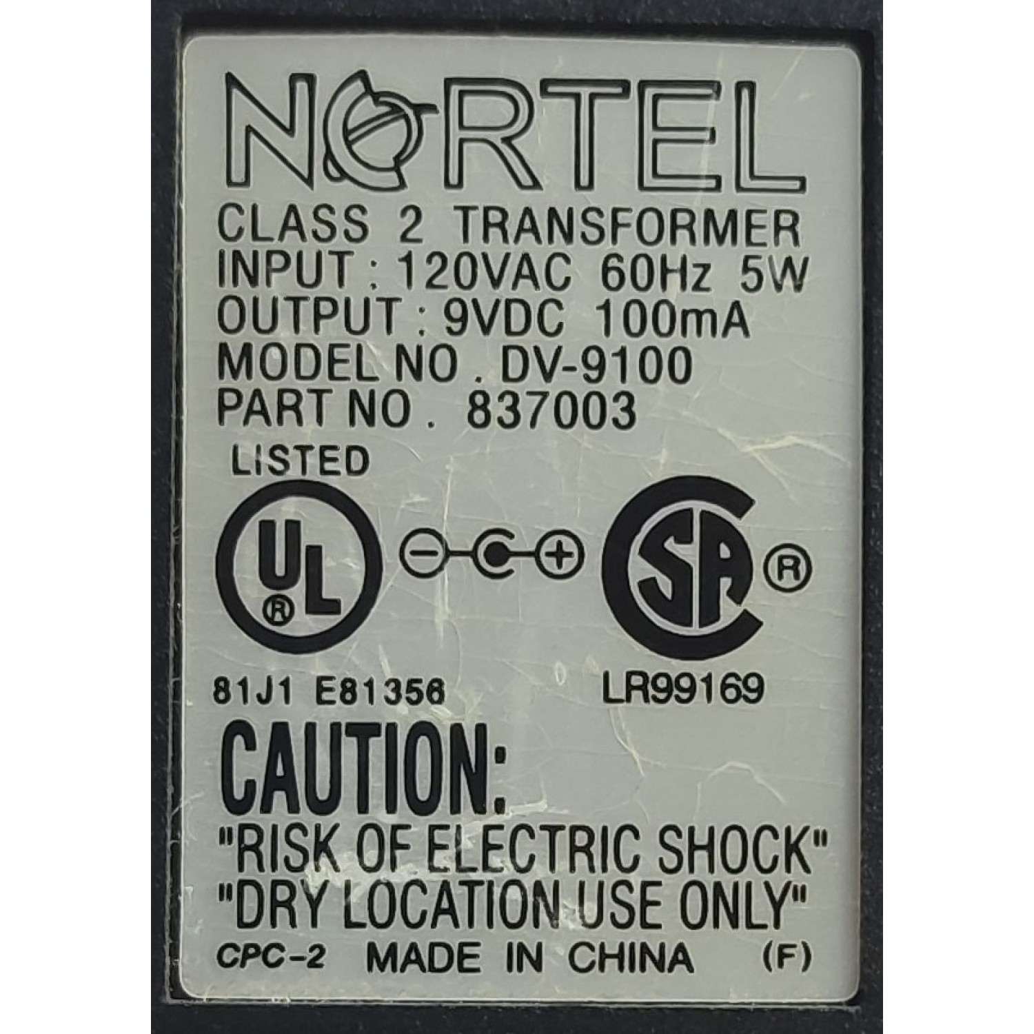ADAPTADOR AC NORTEL / NUMERO DE PARTE DV-9100 / 837003 / 9VDC - 100MA	 - Imagen 2